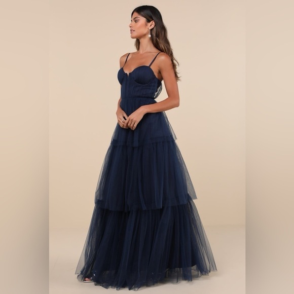 LULU’S Unforgettable Poise Navy Blue Tulle Bustier Tiered Maxi Dress - Picture 3 of 7